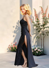 Kristin | Black Prom Dresses Long Mermaid V Neck Lace with High Slit - Black - PromDressClub